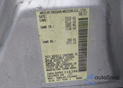 2014 Nissan Altima 2.5 Sl z USA, uszkodzony, nr VIN 1N4AL3AP9EC116396